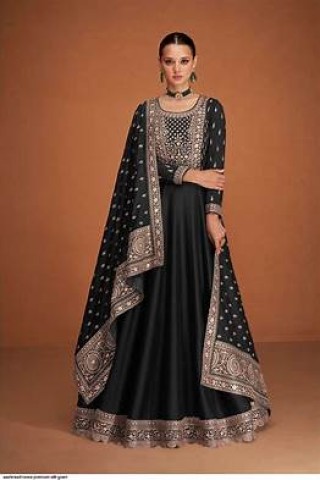 MIIRA Black designer embroidered heavy premium silk semi stitched anarkali suit